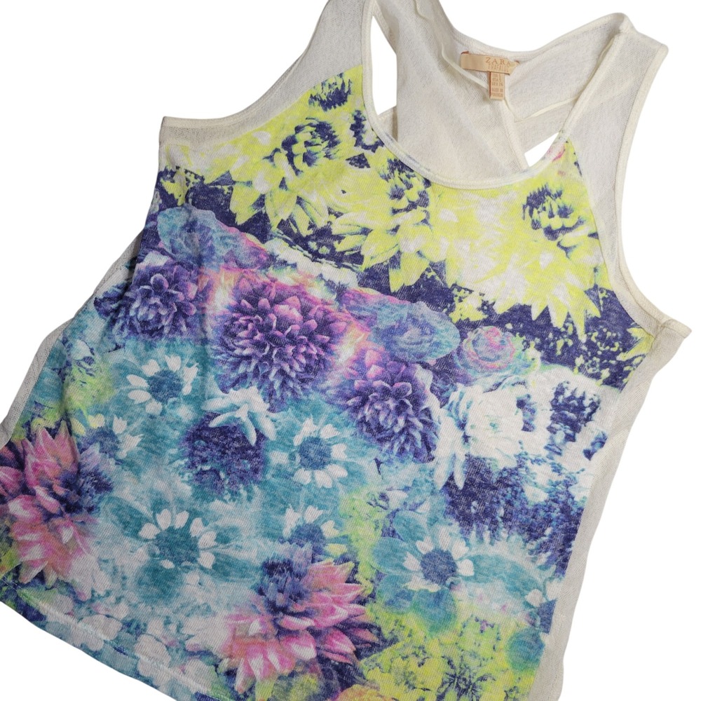 Zara Trafaluc Floral Tank Top Small White Mesh Crossover Tulip Back linen